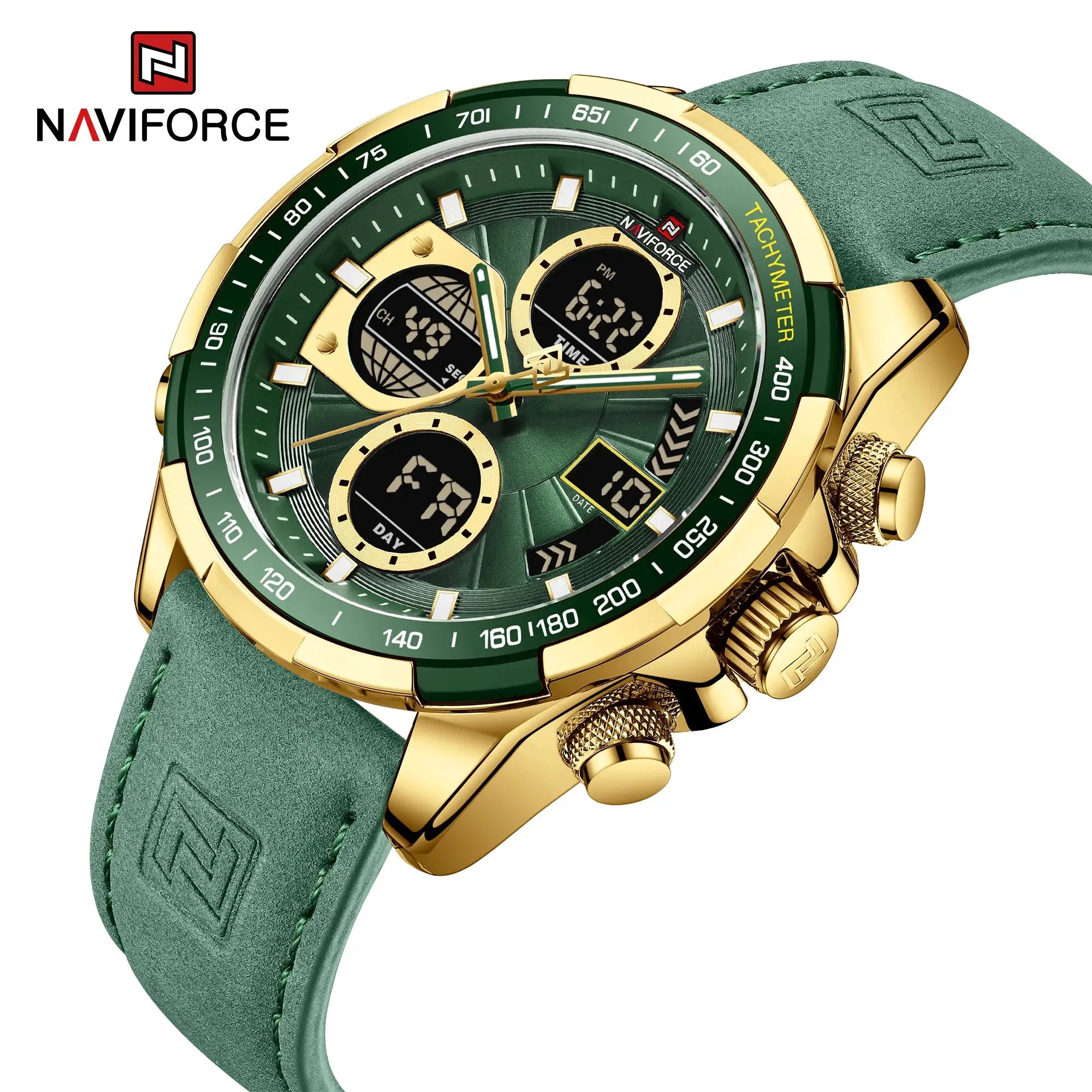 NAVIFORCE men's sport watch with green dial and gold-tone case