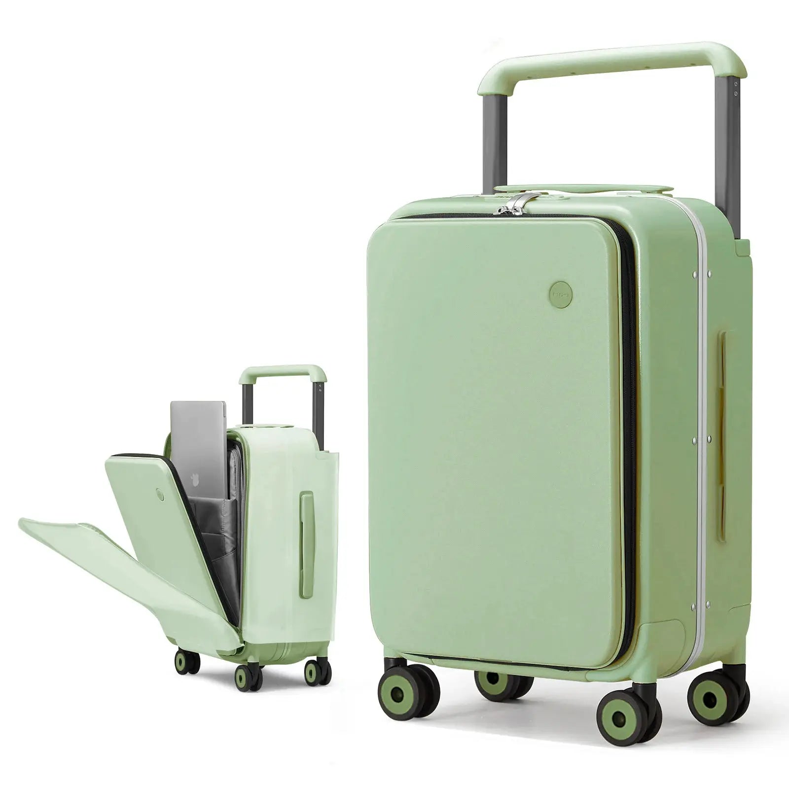 Mixi 20-inch carry-on suitcase by Simples Market in mint green with wide handle and four wheels.
