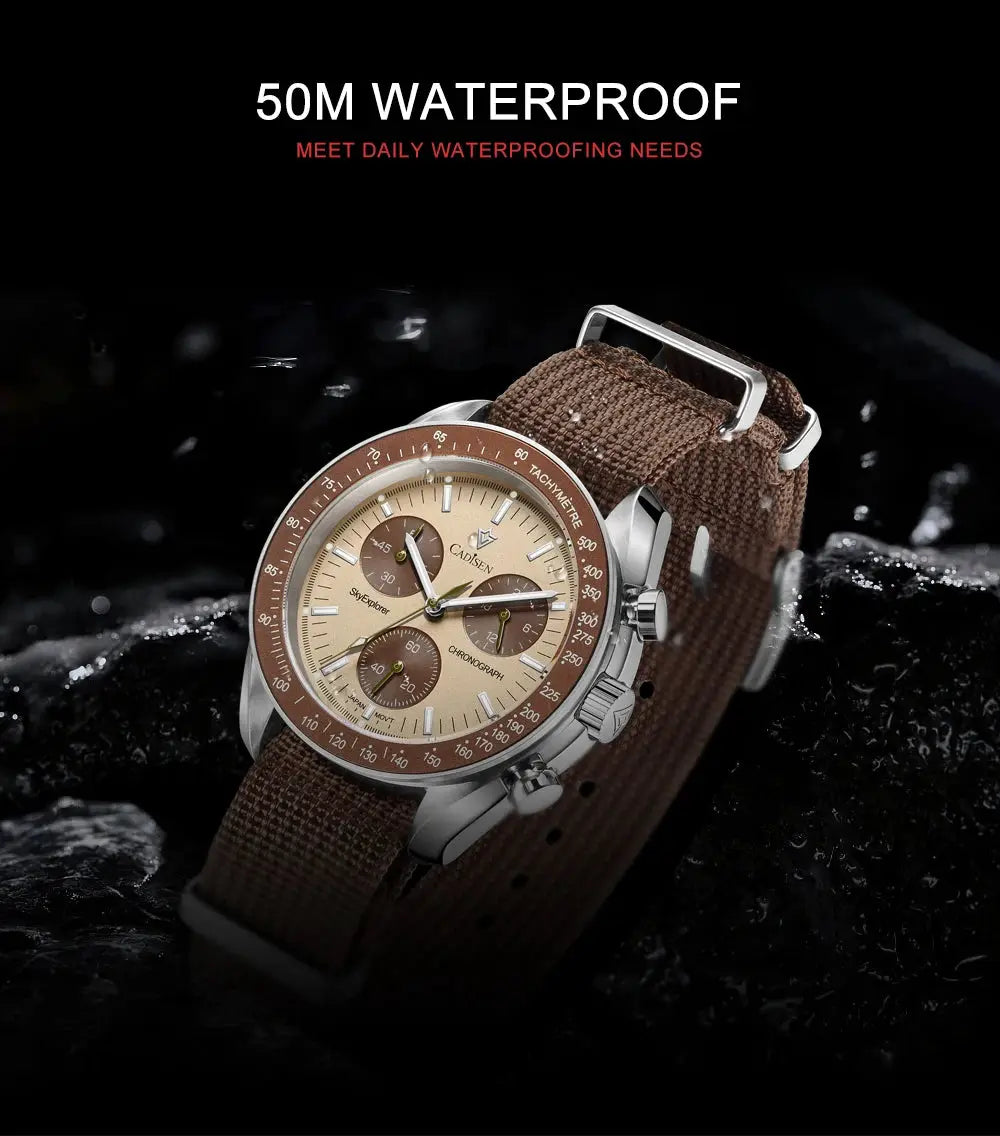 CADISEN men's canvas-strap chronograph watch with bronze-tone bezel and beige dial