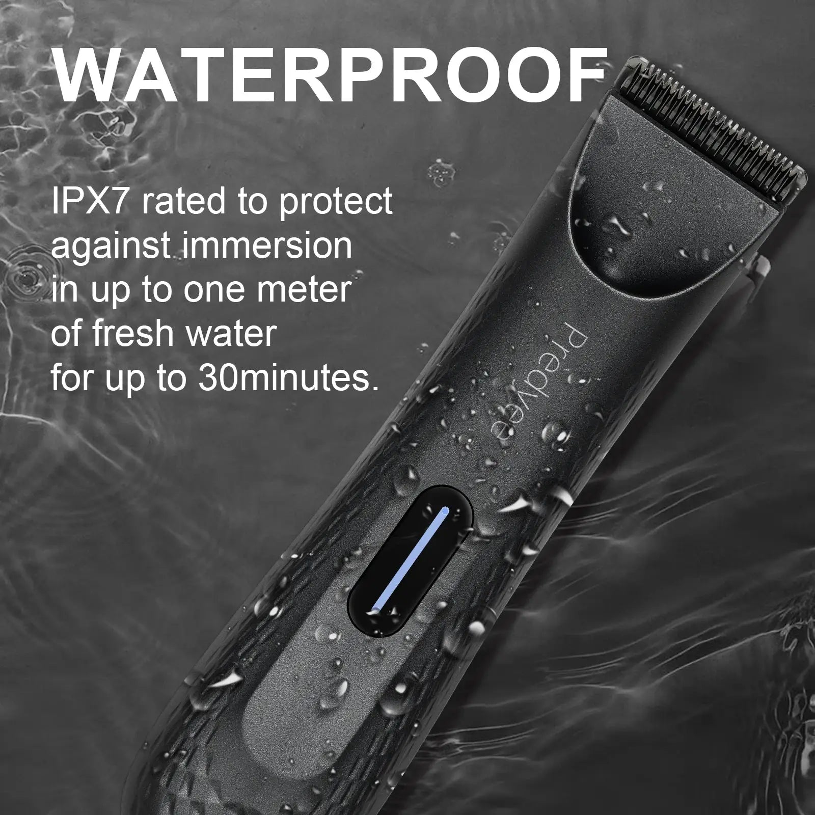 Electric groin hair trimmer for men, black body with replaceable ceramic blade, waterproof.