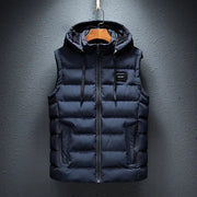 Simples Market navy blue hooded puffer vest for men with zip front, drawstring hood and zip pockets, plus sizes M-6XL
