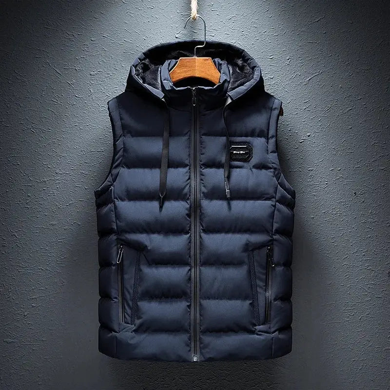 Simples Market navy blue hooded puffer vest for men with zip front, drawstring hood and zip pockets, plus sizes M-6XL