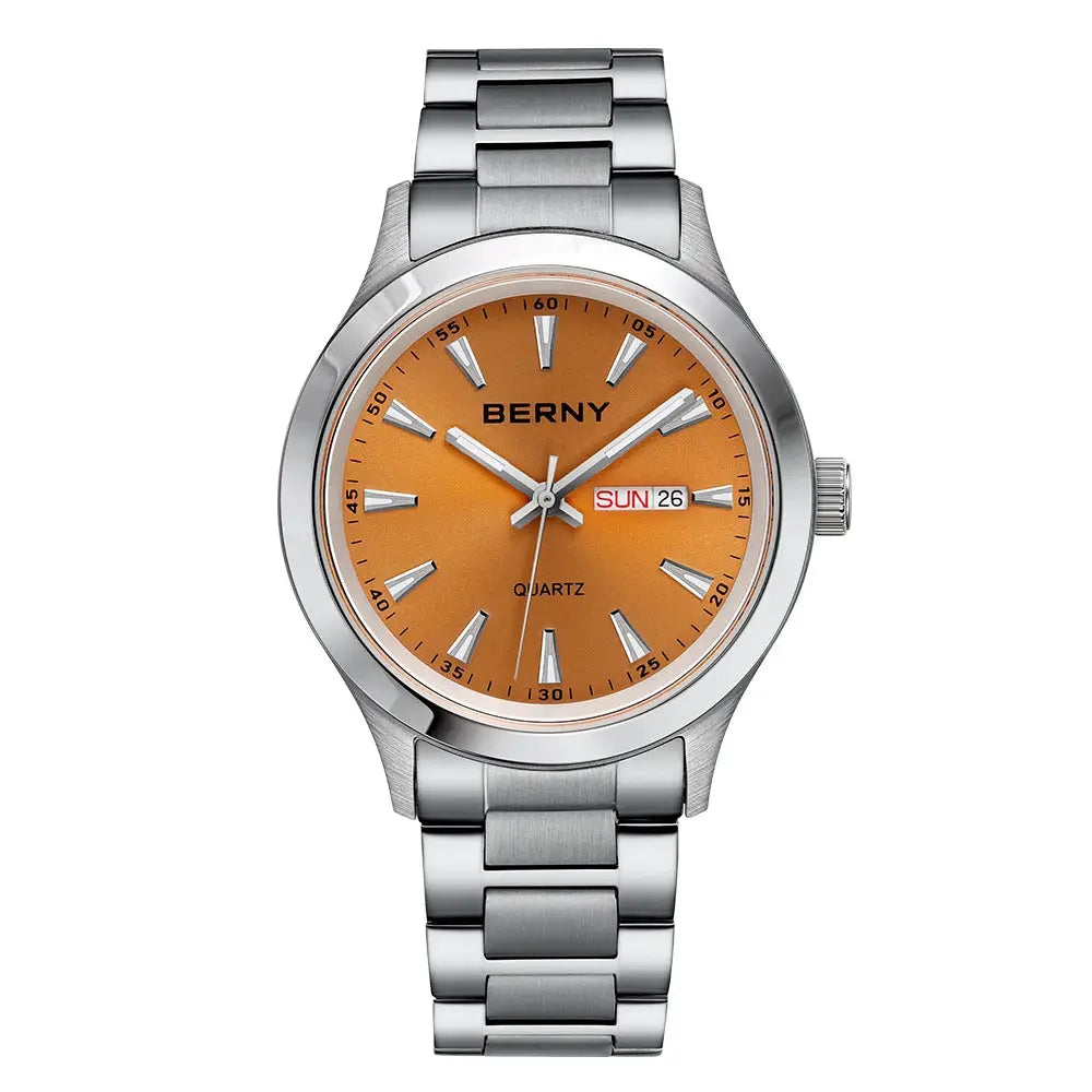 BERNY men's wristwatch with orange dial, stainless steel band, quartz movement and day-date.