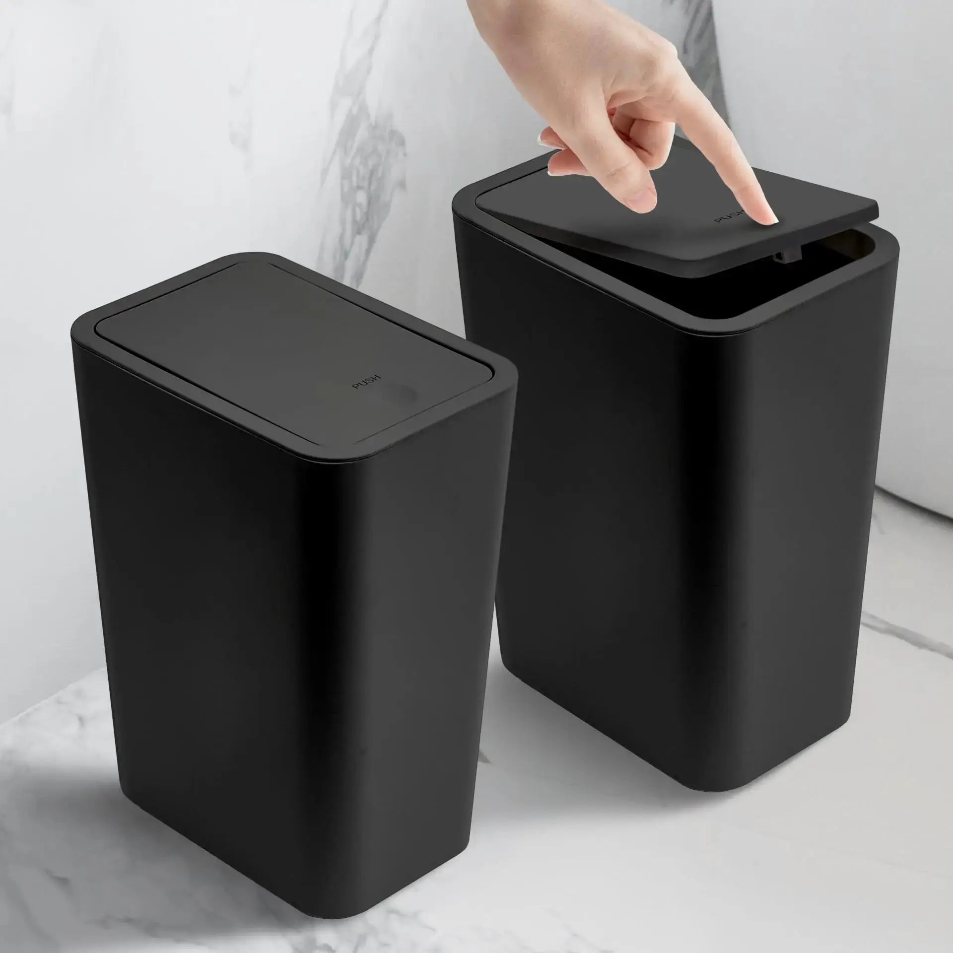 Bathroom trash can, 10L, black plastic with press-top lid, Simples Market, set of three.