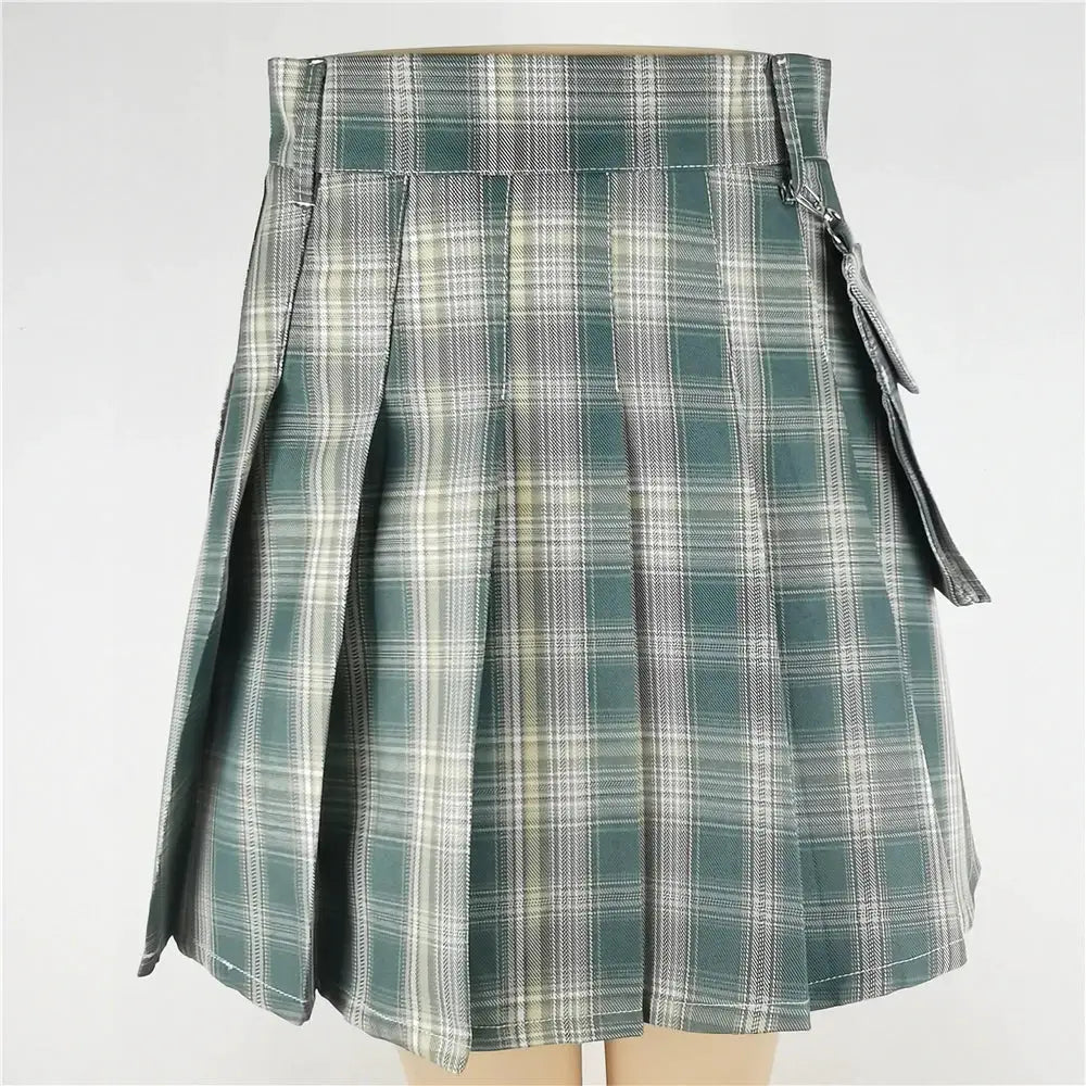 Women’s plaid pleated high-waist skirt with side belt, teal-gray check, Simples Market