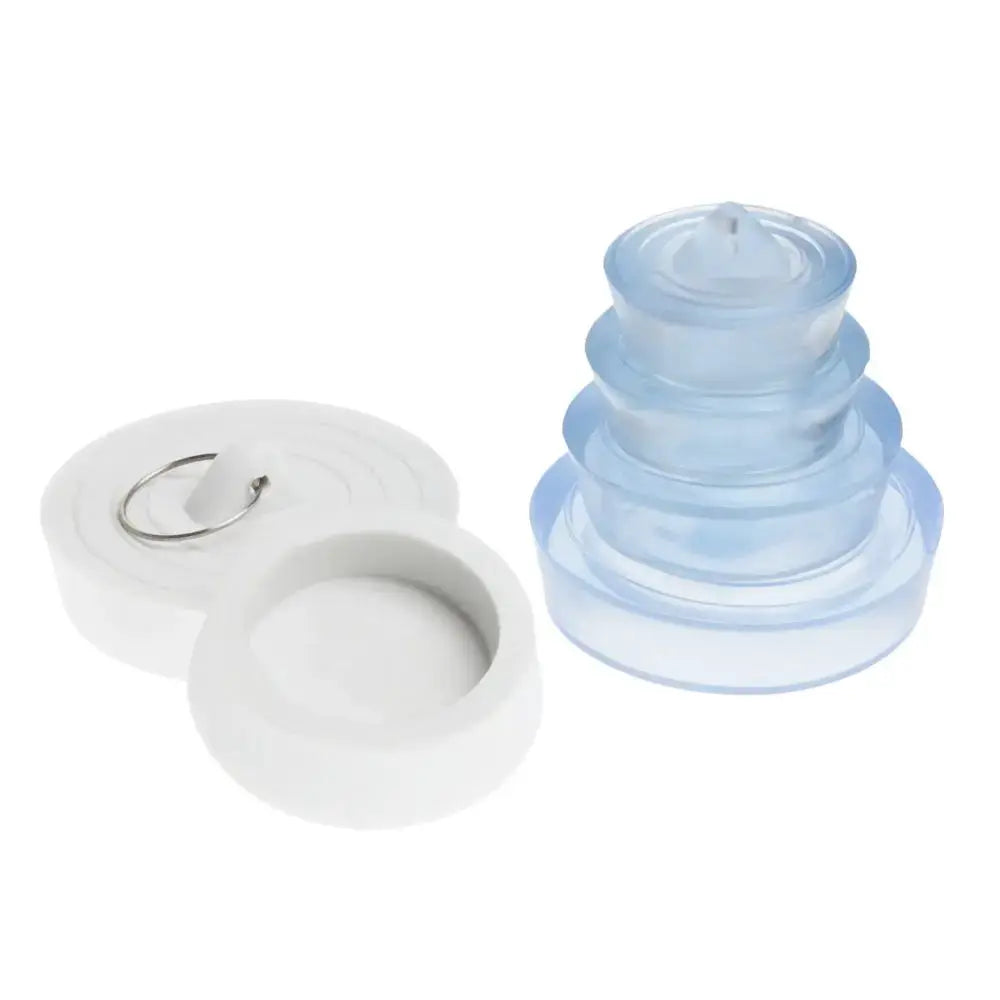 2-piece round sink plug set by Simples Market: white plastic stopper with metal ring and blue silicone drain stopper