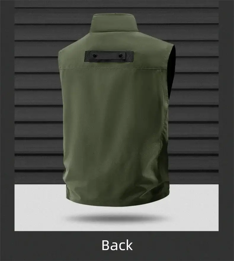 Men's olive green outdoor vest with multiple pockets, back view