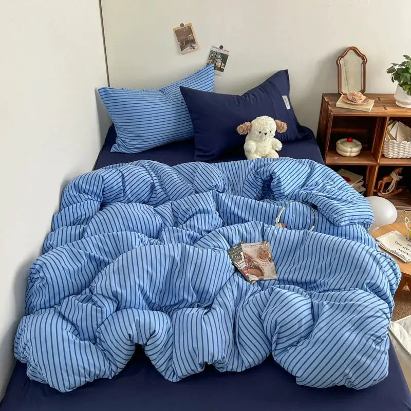 Simples Market Bedding Set INS Blue Stripe Style duvet cover with striped pillowcases and bedsheet