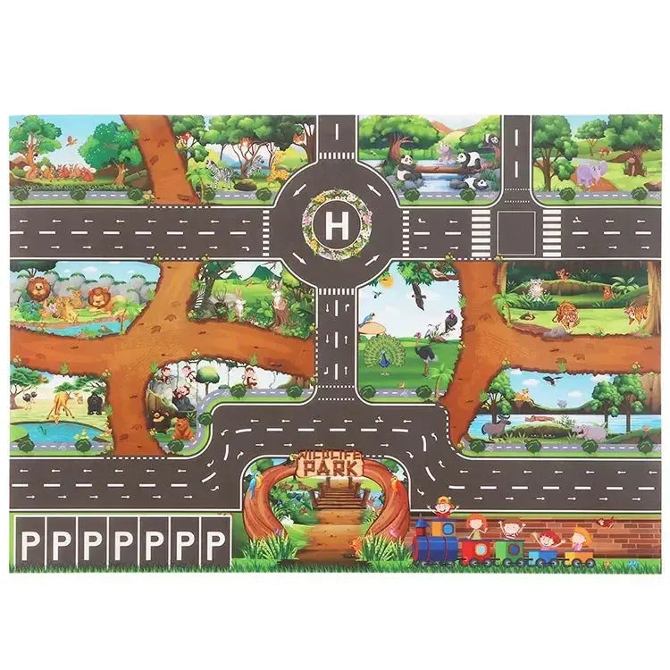 City Traffic Road Map Play Mat For Toddlers With Roads Buildings Parking Lots And Traffic Signs