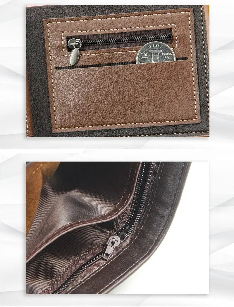 Men's brown leather wallet with zip coin pocket and card slots; slim compact design