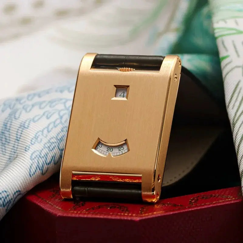 Square gold-tone quartz watch with black strap and date display