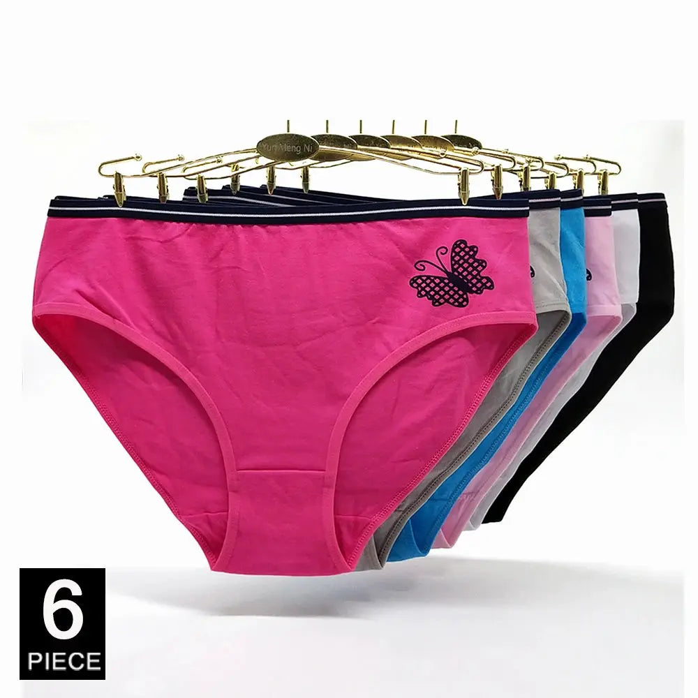 Women's cotton briefs set, mid-rise, assorted colors, 6 pieces, butterfly print on pink pair