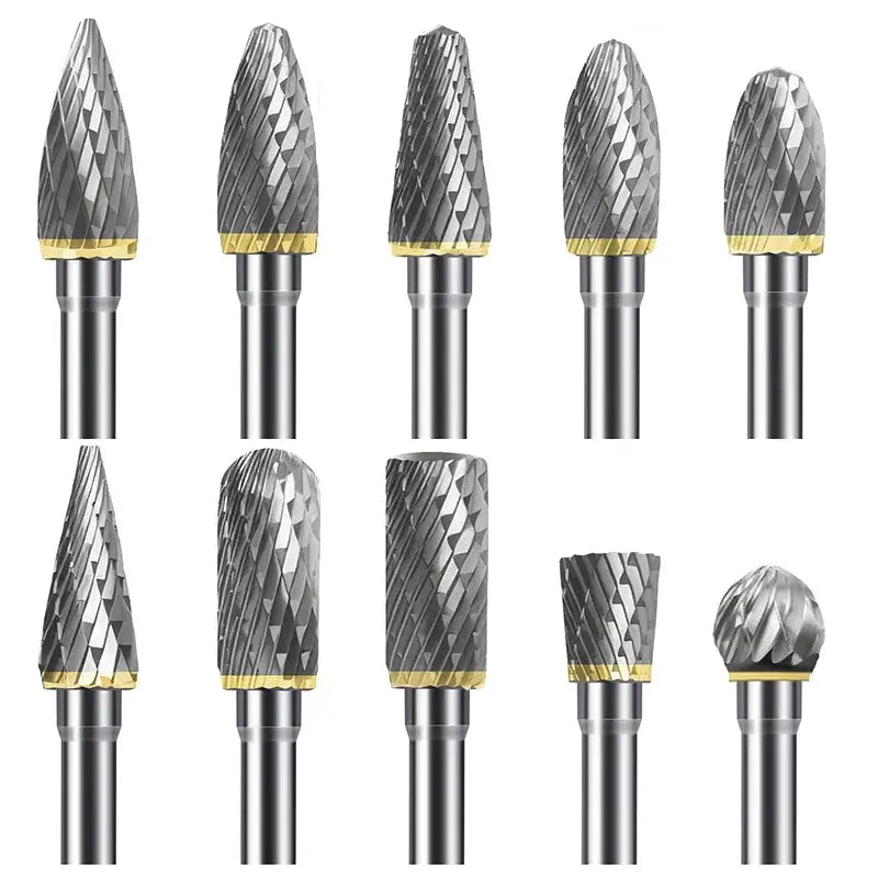 Carbide Burr Set 10 Piece One Eighth Inch Shank Double Cut Tungsten Rotary Burrs for Metal Wood Carving and Polishing