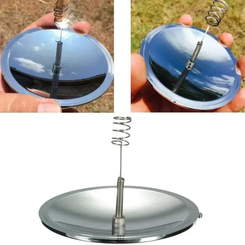 Solar lighter fire starter for camping; windproof, waterproof ignition with spring coil on round metal base