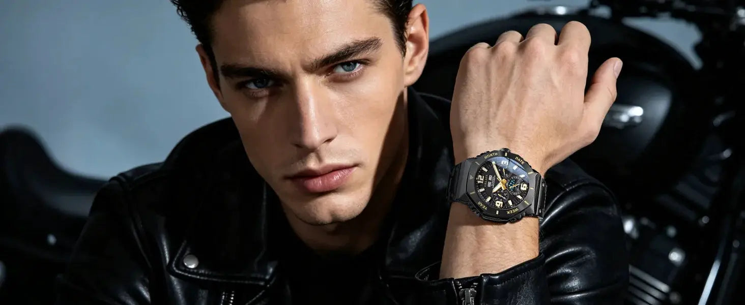 GELATU men's diving watch, black stainless steel case and strap with gold-tone hands