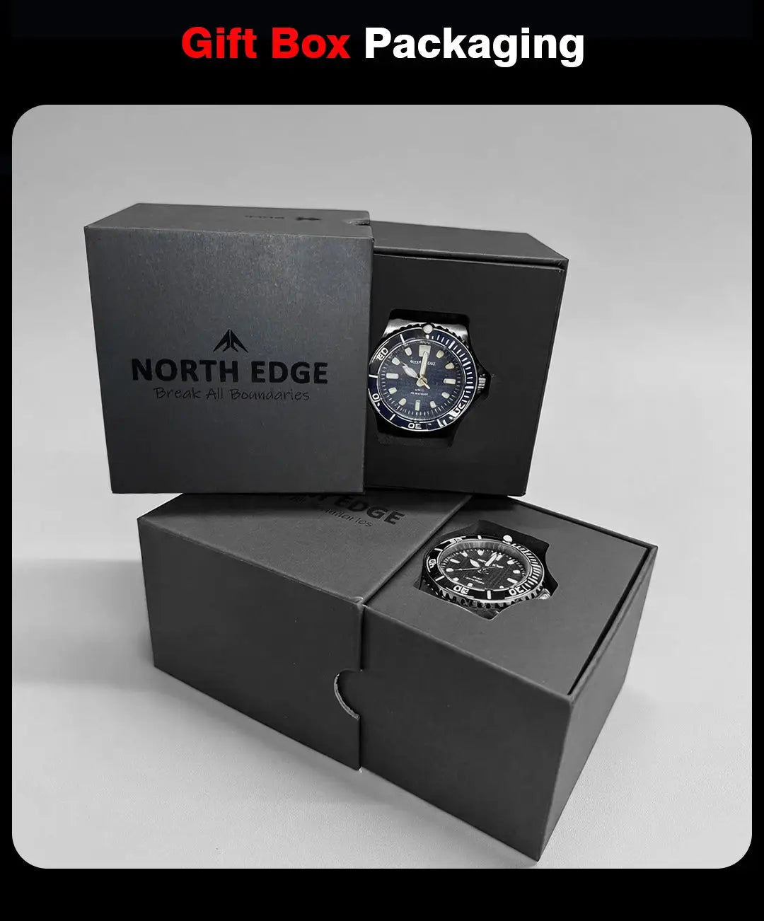 North Edge Abyss diver watches in gift-box packaging; two watches with black dials and steel cases
