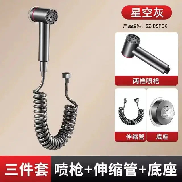 Simples Market handheld bidet sprayer set with 2 modes, metallic gray finish, coiled hose and mounting base