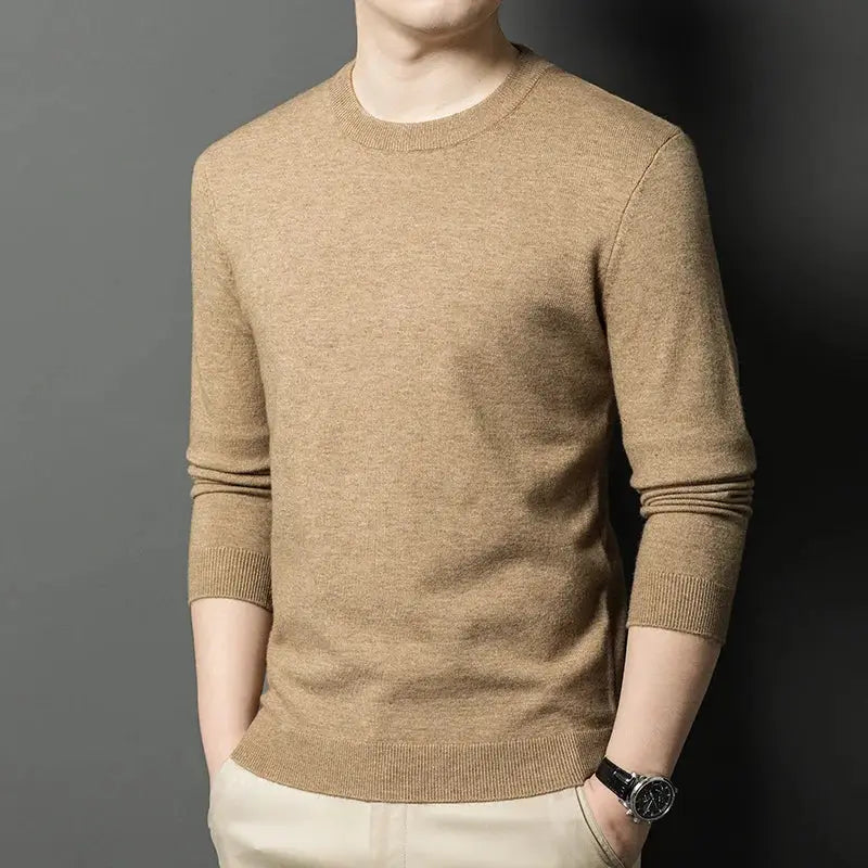 Men's camel knit sweater with round neckline and long sleeves