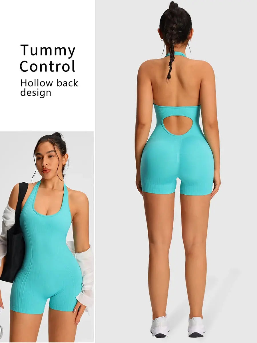 Simples Market turquoise women's romper jumpsuit with halter neck and back cutout; ribbed stretch fabric.
