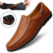Men's loafers by Simples Market, brown genuine leather slip-on moccasins with black sole