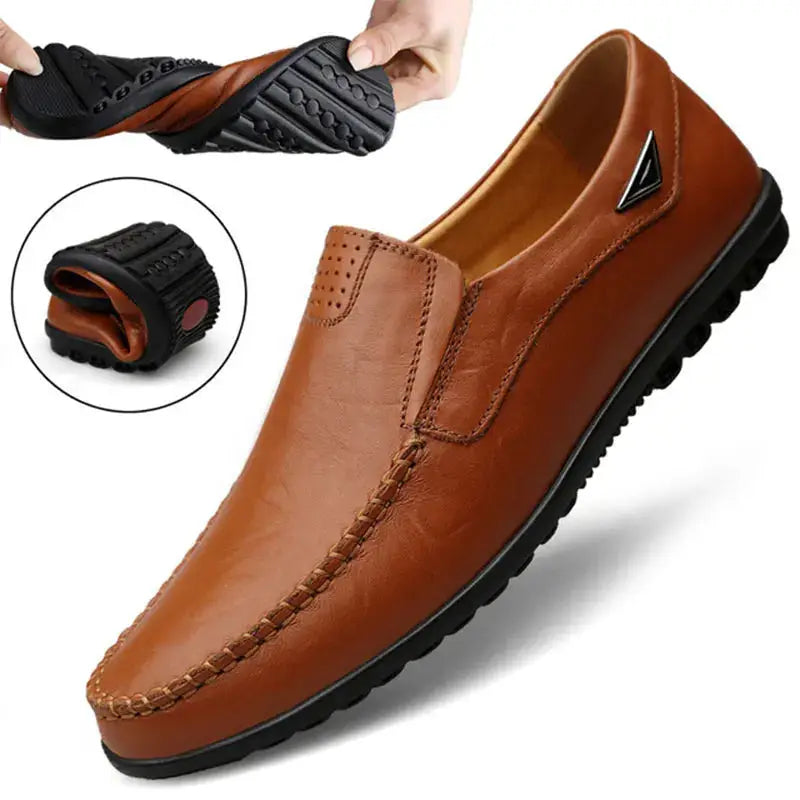 Men's loafers by Simples Market, brown genuine leather slip-on moccasins with black sole