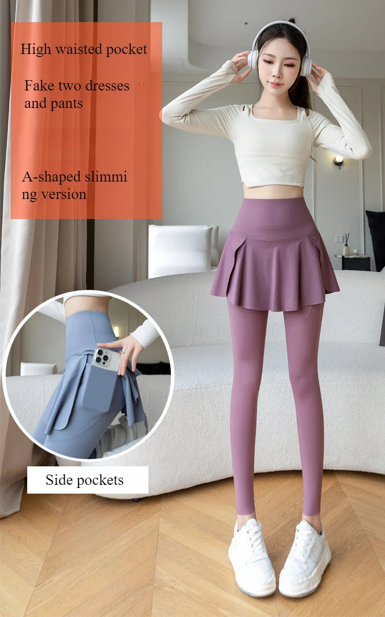 Women two-piece style leggings with high waist and pocket; purple set on model with blue inset pocket look