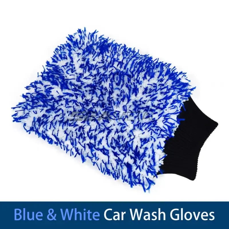 Car wash mitt, blue and white plush microfiber with black cuff