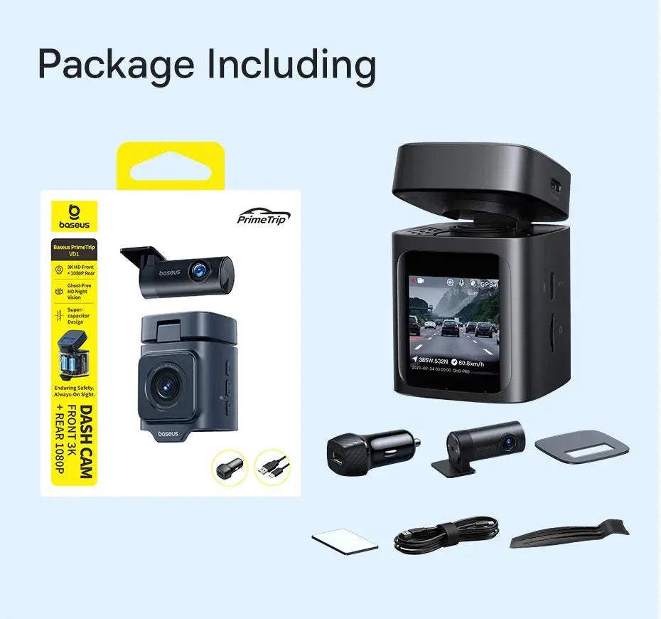 Baseus 3K Dash Cam VD1 dual front/rear kit with GPS by Simples Market; includes camera, rear module and mounts