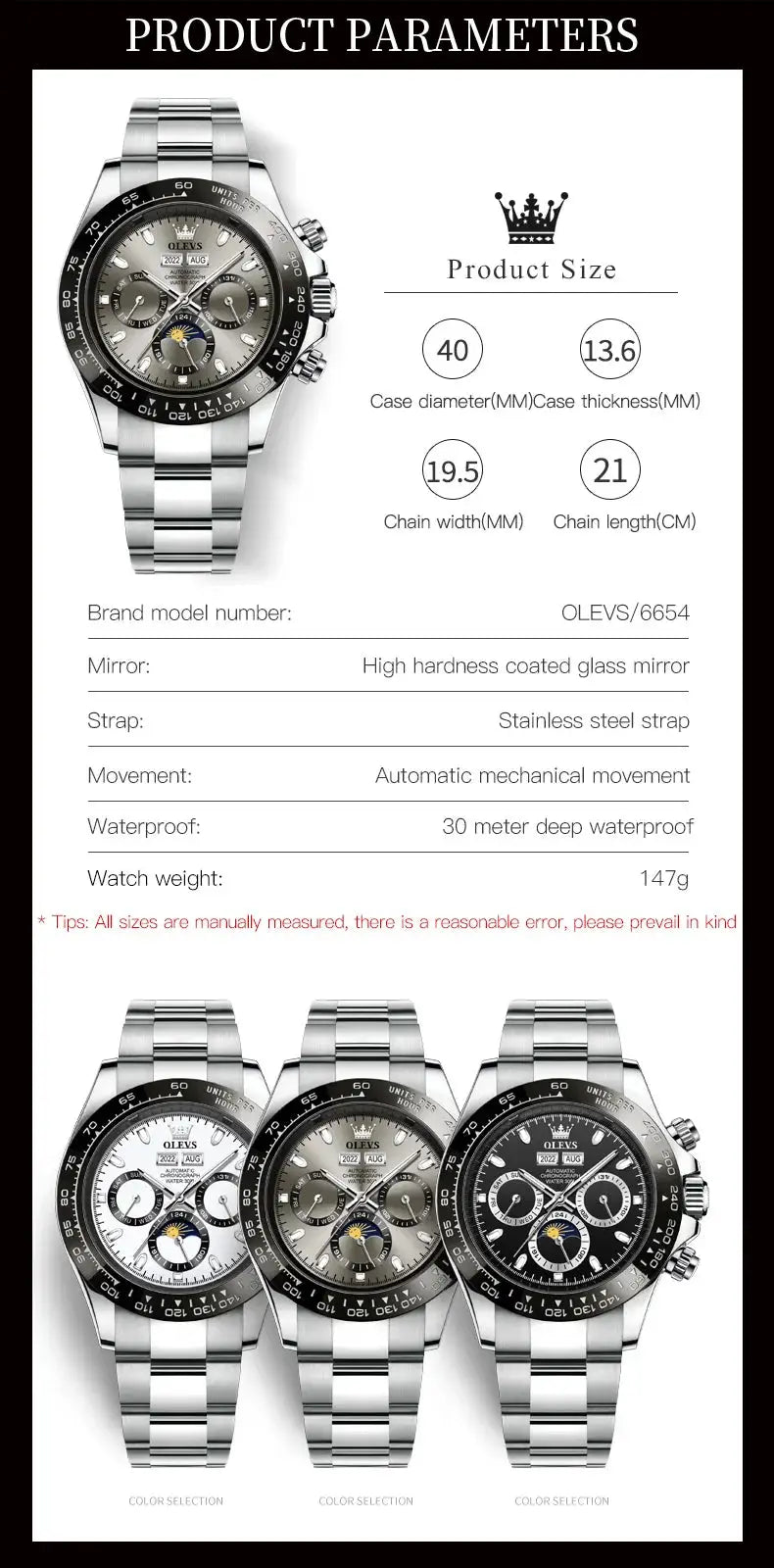 OLEVS men's automatic mechanical watch with stainless steel band and black bezel; three color variants.