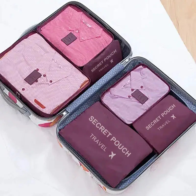 VoyagePro 6 Piece Travel Storage Bag Set Large Capacity Waterproof Luggage Organizers With Zipper Pink Blue Grey