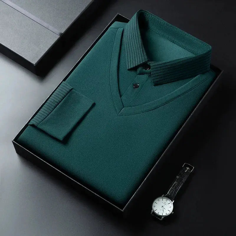 Men's teal-green solid long-sleeve polo shirt folded in a black gift box