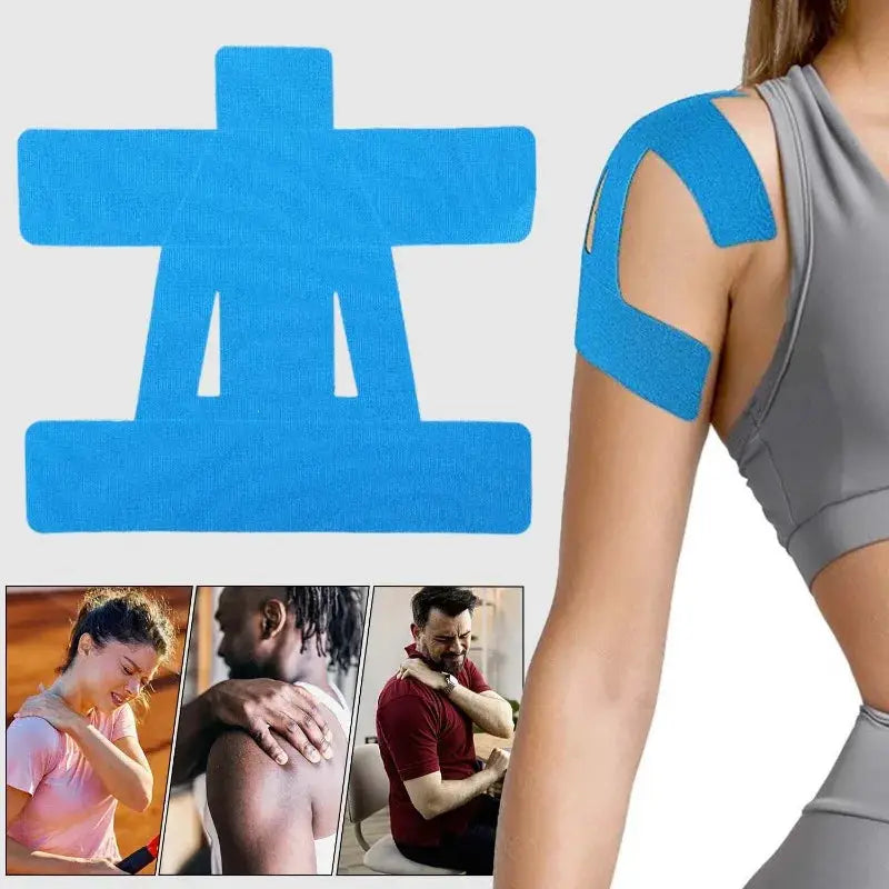 Simples Market shoulder kinesiology tape precut, blue waterproof breathable elastic sports tape for pain support.