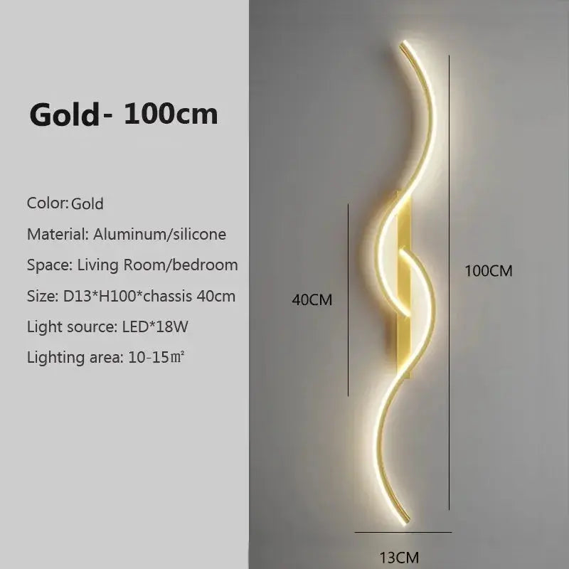 Modern LED Wall Lamp gold aluminum/silicone curved minimalist strip light, 100cm tall, for living room/bedroom