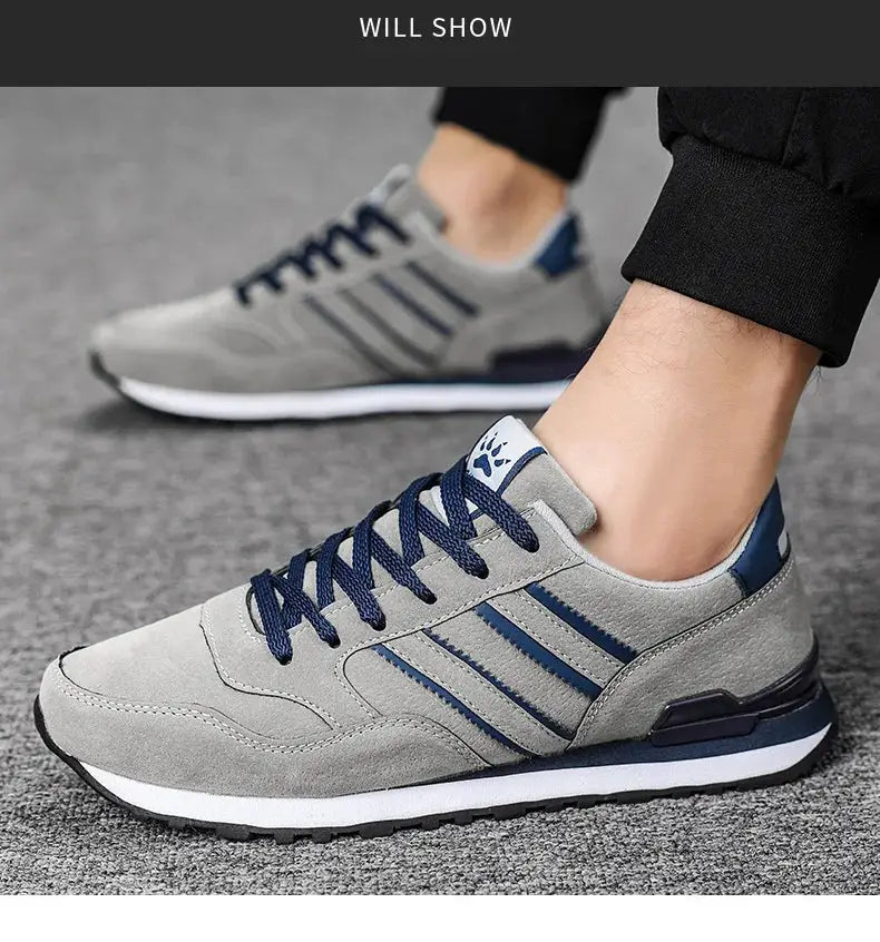 Men's casual sneakers by Simples Market in gray artificial leather with navy stripes and navy laces