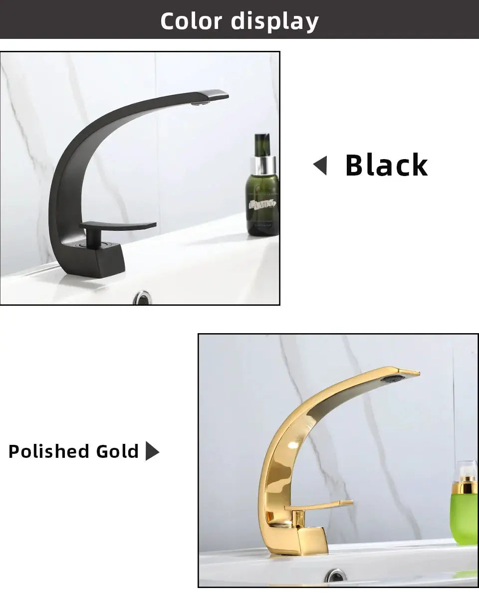 Basin faucet by Simples Market, modern curved single-handle mixer in black and polished gold finishes (2 finishes).