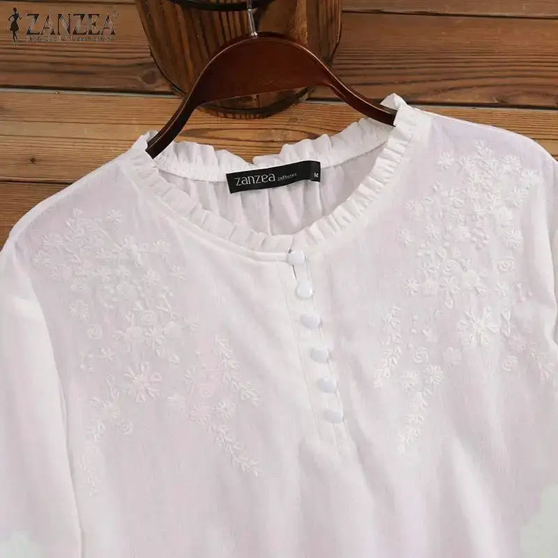 ZANZEA Summer Vintage Womens Blouse O Neck ThreeQuarter Sleeve Cotton