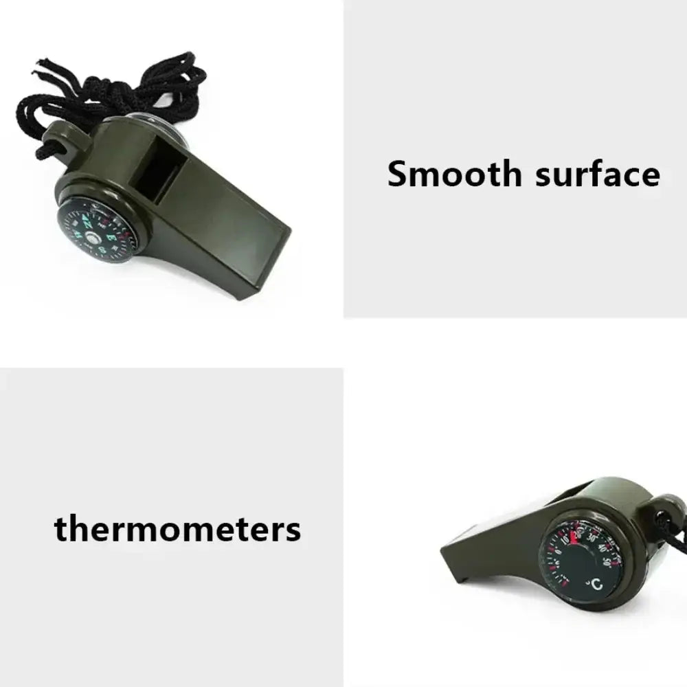 3-in-1 outdoor emergency whistle with compass and thermometer, Simples Market, green with lanyard.