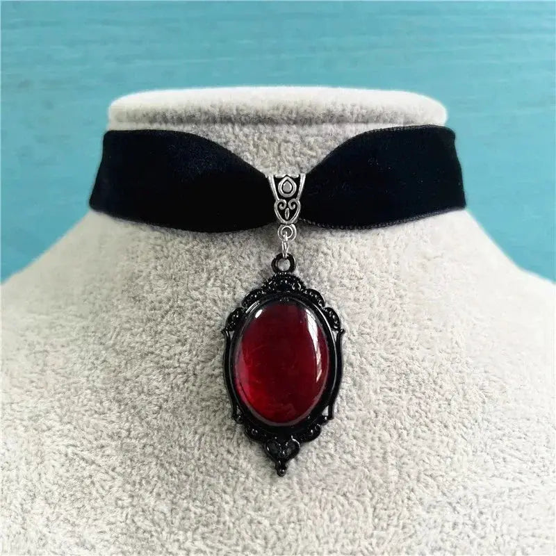 Gothic Witch Blood Red Pendant Choker Necklace For Women Vintage Black Velvet Jewelry Accessory