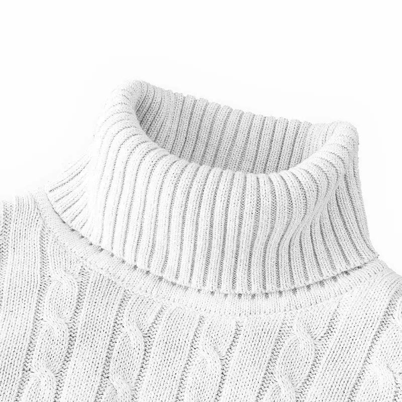 Men's turtleneck sweater, light gray cable-knit, heavyweight knit casual pullover