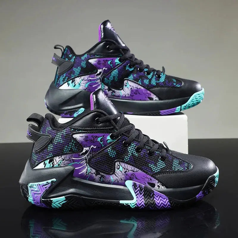Men's sneakers pair by Simples Market with black base and purple teal graphic panels