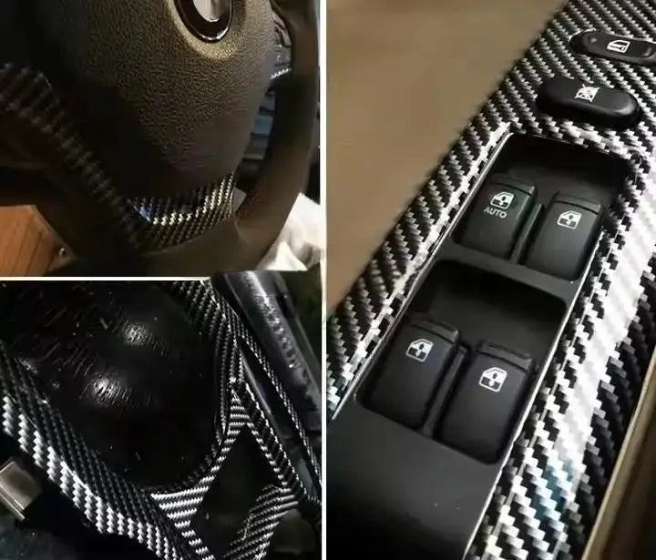 Black carbon fiber vinyl car wrap by Simples Market; interior steering wheel and door panel trim.