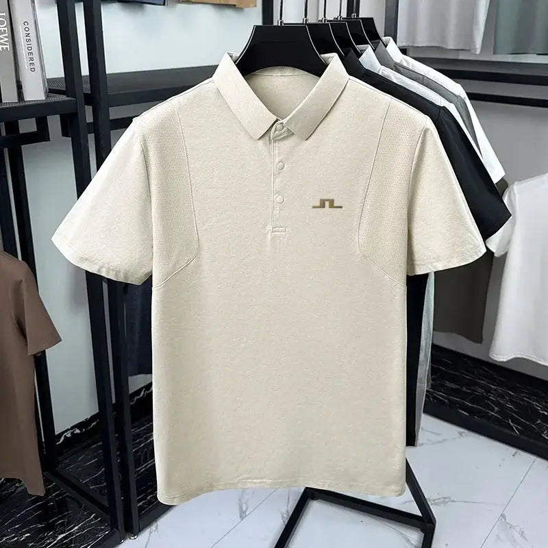 Men's beige short-sleeve polo shirt with chest logo.