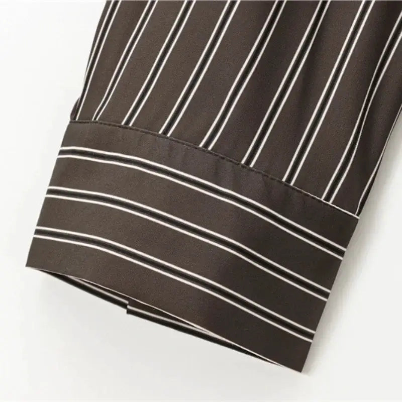 Autumn striped blouse, brown with white vertical stripes, long sleeves and cuff detail