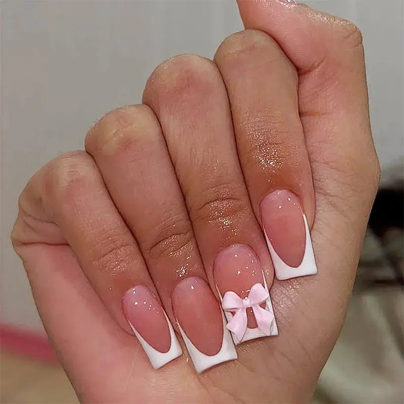 LuxeNail White French Press On Nails 3D Bowknot Full Cover Tips Durable 24Pcs DIY Manicure Set
