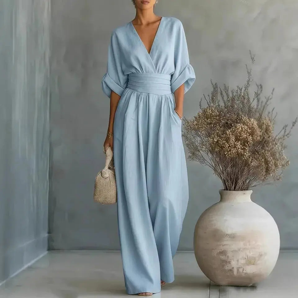 Waist V-neck Jumpsuit by Simples Market, light blue solid color, mid-sleeve wide-leg with wrapped waist belt