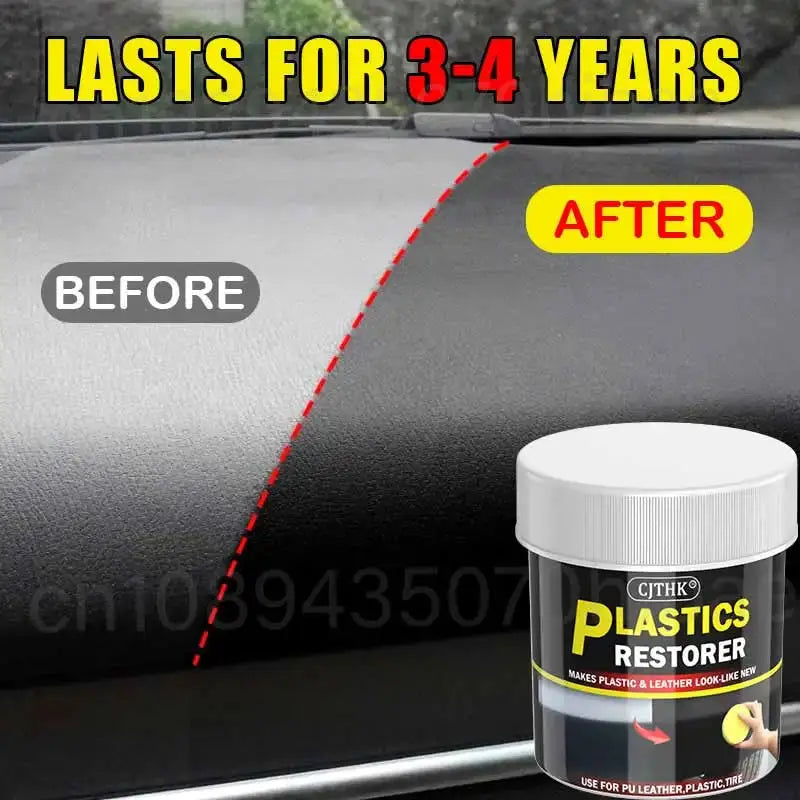 Car plastics restorer CJTHK bottle; restores dashboard plastic from gray to black.