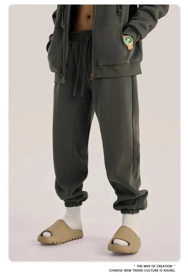 ZODF fleece sweatpants, unisex loose joggers in dark olive gray, 345gsm fleece with cuffed ankles