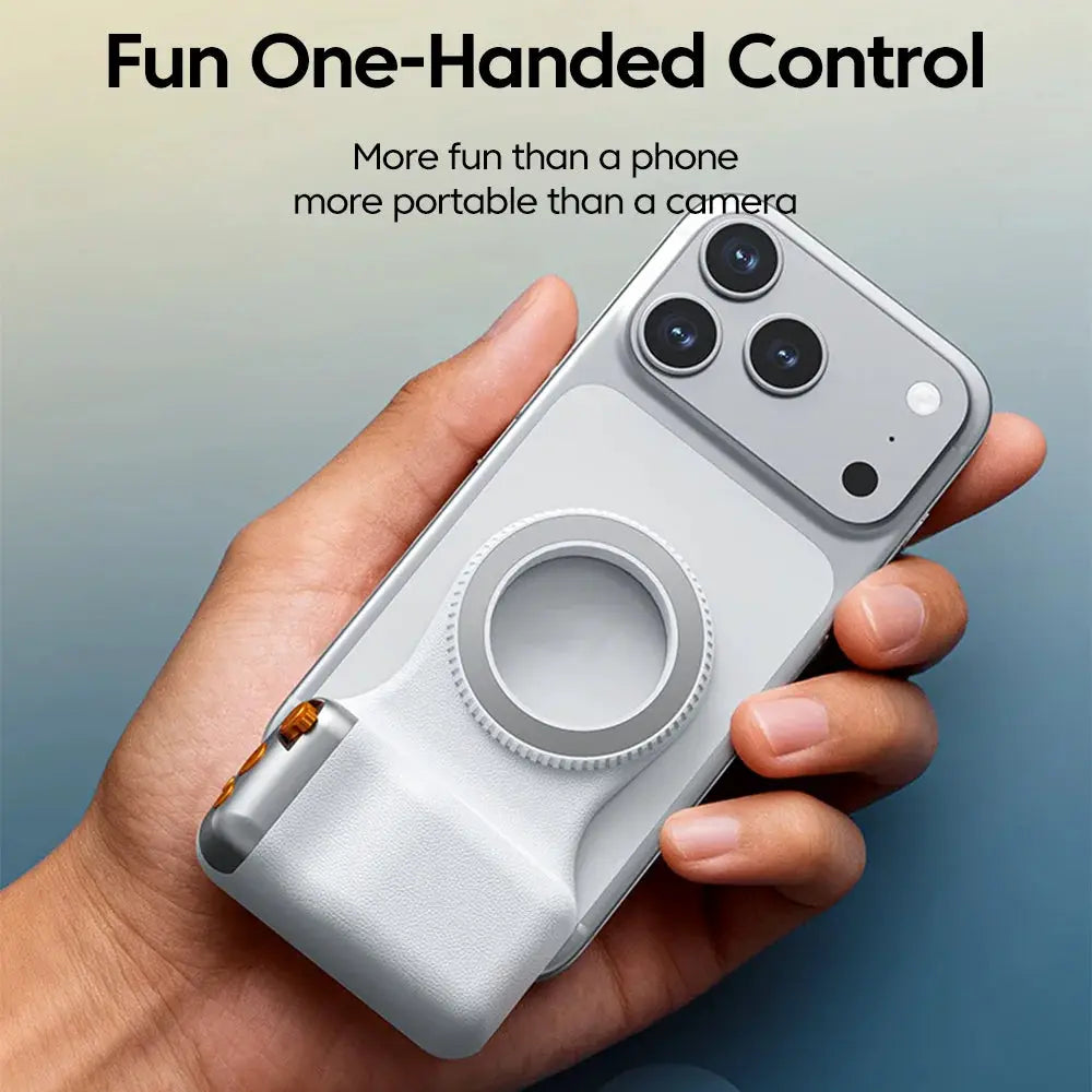 Magnetic phone camera grip with ring holder and Bluetooth remote; white/gray handheld shooting aid for smartphones