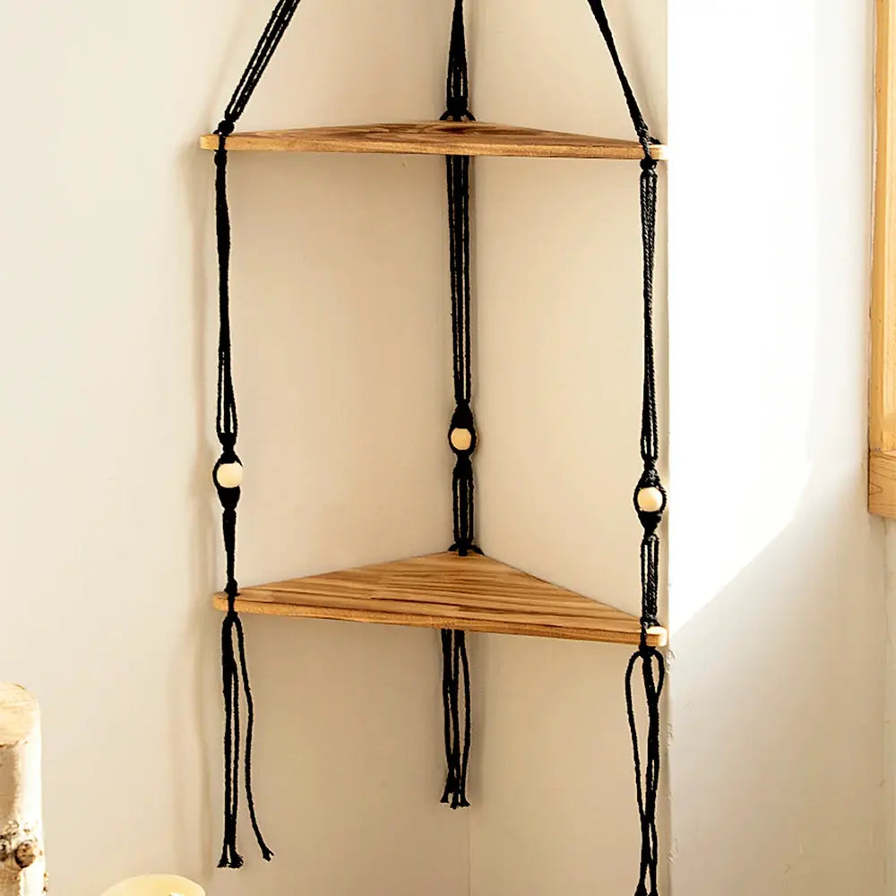 3-tier wood triangle corner wall shelf with black macrame hanging cords