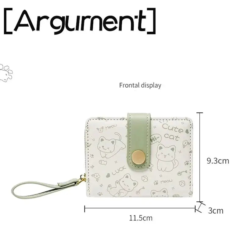 Wallet by Simples Market featuring Japanese cute cat print, green strap, zipper closure, and card holder